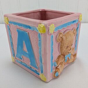 Vintage Inarco Ceramic Planter Pink Baby Block A B Bears 3.75" Nursery Decor